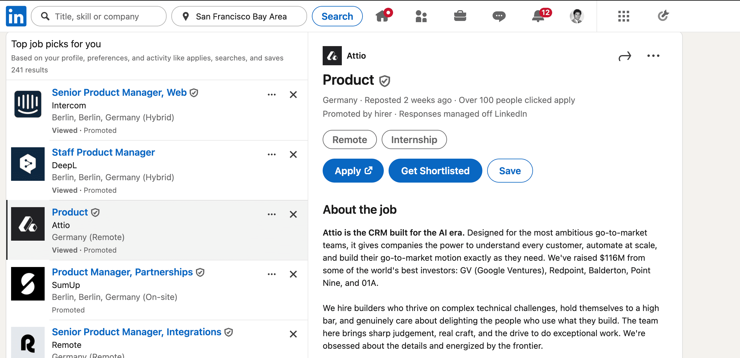 The Get Shortlisted button injected next to LinkedIn's Apply button on a real job posting